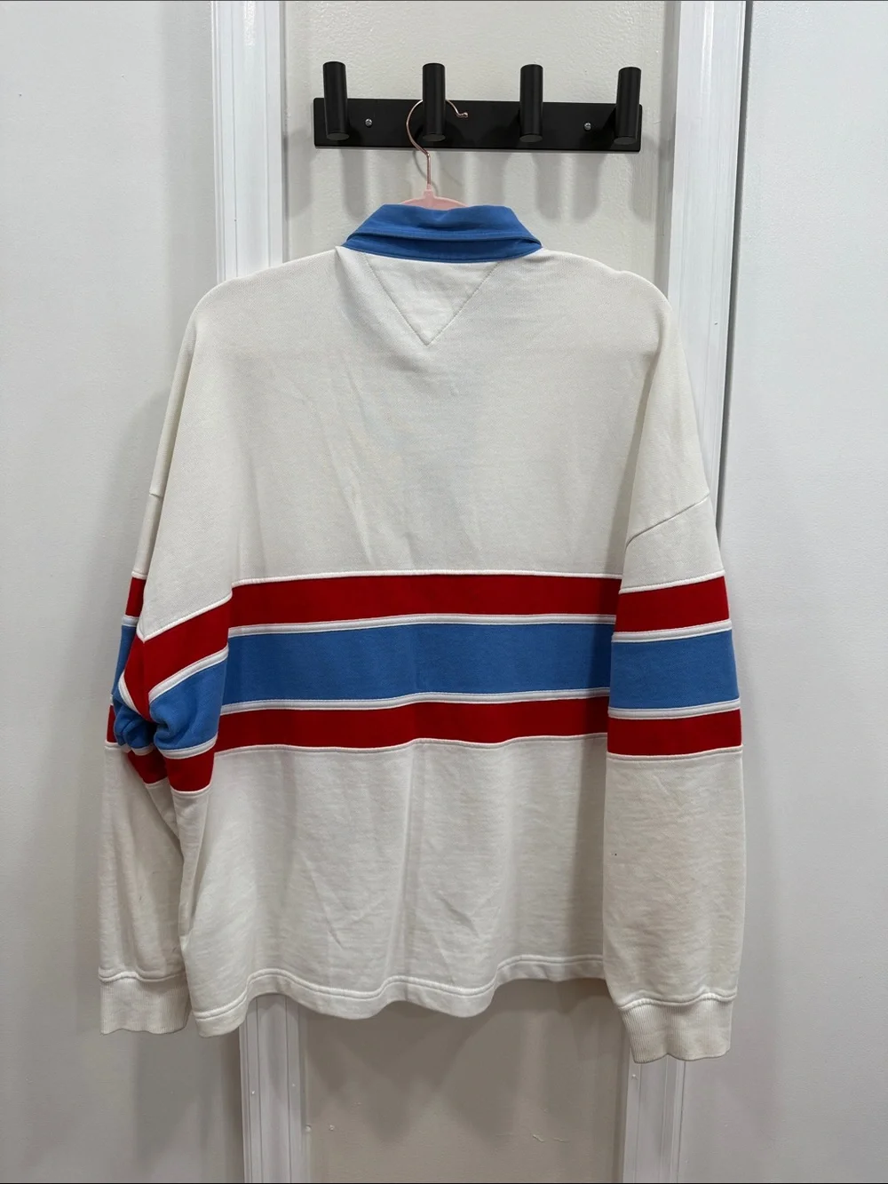 Tommy Hilfiger Cream Rugby Polo with Blue Collar and Red & Blue Chest Stripes - Picture 3 of 5